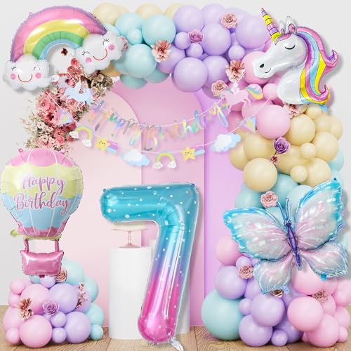 Einhorn Geburtstagsdeko Mädchen, 7 Jahre Schmetterling Geburtstag Deko, Einhorn Deko Kindergeburtstag, 1-10 Jahre Happy Birthday Deko, Einhorn Luftballons für 7. Geburtstag Mädchen Deko von LAISLLA