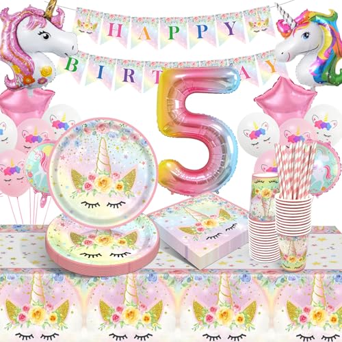 Einhorn Partygeschirr Set, 5 Jahre Einhorn Geburtstag Party Geschirr, Pappteller Kindergeburtstag mit Luftballons Servietten Becher Tischdecke für Mädchen Kinder 5 Jahre Einhorn Party Deko 16 Gäste von LAISLLA