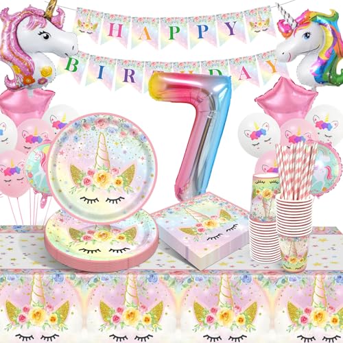 Einhorn Partygeschirr Set, 7 Jahre Einhorn Geburtstag Party Geschirr, Pappteller Kindergeburtstag mit Luftballons Servietten Becher Tischdecke für Mädchen Kinder 7 Jahre Einhorn Party Deko 16 Gäste von LAISLLA