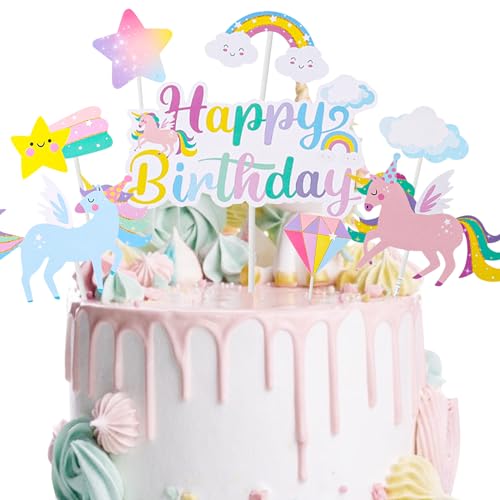 Einhorn Tortendeko Geburtstag, Kuchen Deko Torte Einhorn, Happy Birthday, Topper Einhorn, Regenbogen, Wolke, Ballon für Kinder Mädchen Junge von LAISLLA