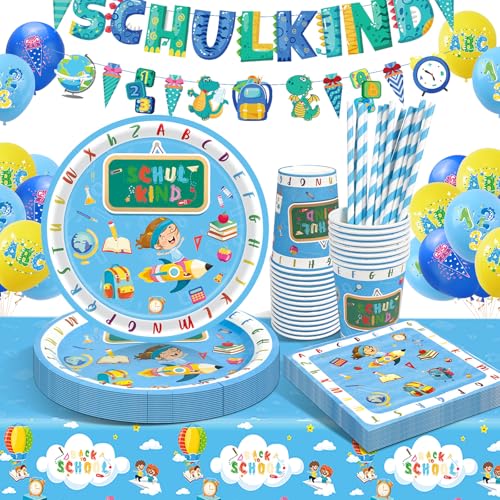 Einschulung Partygeschirr Set, Einschulung Deko Schulanfang Pappgeschirr, Einschulung Geschirr Pappteller Kindergeburtstag, Schulkind Banner mit Luftballons für Einschulungsdeko Junge Mädchen 16 Gäste von LAISLLA