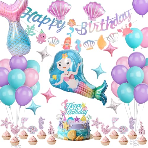 Meerjungfrau Geburtstag Deko, Meerjungfrau Thema Geburtstag Party Zubehör Mit Happy Birthday Banner Set, Kuchen Toppers und Ballons für Meerjungfrau Deko Kindergeburtstag Babyparty von LAISLLA