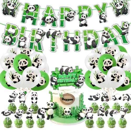 Panda Geburtstagsdeko, Panda Thema Geburtstag Party Zubehör Mit Happy Birthday Banner Set, Panda Kuchen Toppers und Panda Ballons für Panda Luftballons kindergeburtstag von LAISLLA