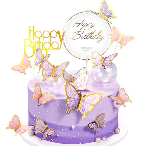 Schmetterlinge Torten Deko, Schmetterlinge Tortendeko Geburtstag, Happy Birthday 3D Dreidimensional Schmetterlinge Kuchen Deko Torte für Kinder Mädchen Junge von LAISLLA