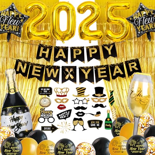 Silvester Deko 2025 XXL, Schwarz Gold Neujahr Silvesterdeko 2025, Happy New Year Girlande, Deko Silvester Party 2025 mit Luftballons Foto Requisite Glitzer Vorhänge Accessoire für Silvesterparty von LAISLLA