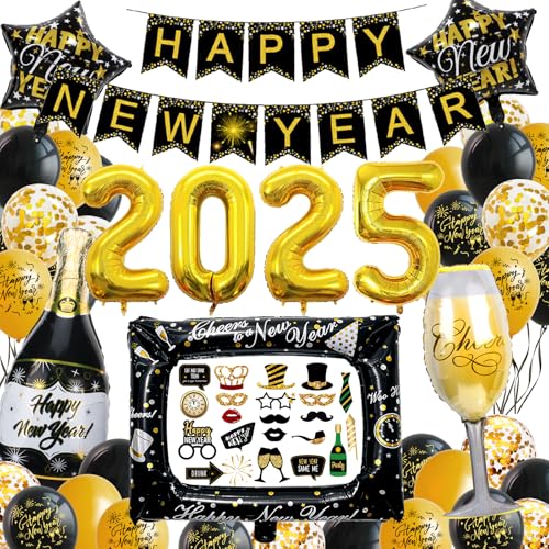 Silvester Deko 2025 XXL Dekoration Set, Neujahr Silvesterdeko, Happy New Year Girlande, Deko Silvester Party 2025 mit Luftballons Foto Requisite Party Deko Silvester Accessoire für Silvesterparty von LAISLLA