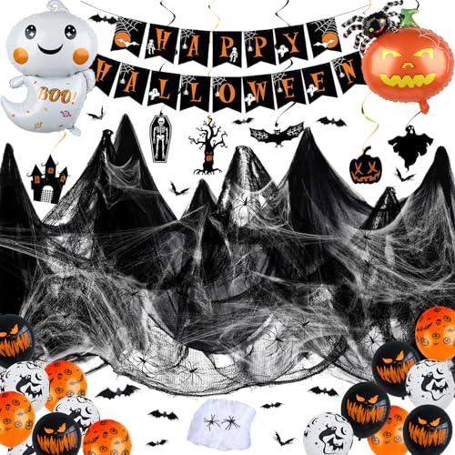 XXL Halloween Deko Dekoration Grusel Set, Halloween Party Deko mit Halloween Girlande, Schwarz Gruselig Tuch, Spinnennetz, Helloween Dekoartikel für Halloween Deko Kinder von LAISLLA