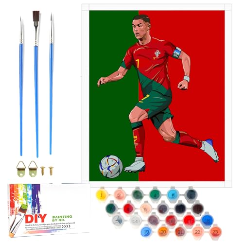 LAISU Fussball Malen Nach Zahlen für Kinder, Junior und Erwachsene Anfänger, CR7 Fußball Painting Bastelset mit Leinwand Pinseln Acrylfarben, 40x50cm Große DIY Gemälde für Jungen Mädchen ab 6 Jahre von LAISU