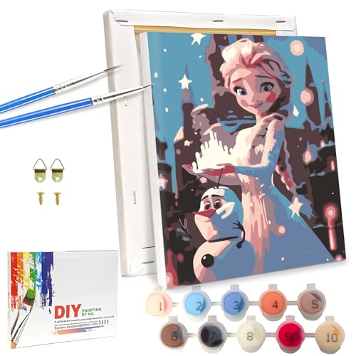 LAISU Eiskönigin Malen Nach Zahlen mit Rahmen Leinwand Pinseln Acrylfarben für Kinder Junior und Erwachsene Anfänger, 18x24cm Klein DIY Cartoon Prinzessin Painting Basteln Set für Mädchen ab 6 Jahre von LAISU