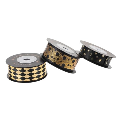 LALAFINA 3 Rollen Schwarzes Gold-verpackungs Band Zerknittert Grünes Sackleinenband Trimmen Streifen Geschenkpapier Pastell Spitzenband Silberne Strasssteine Kette Punkte Black Polyester von LALAFINA