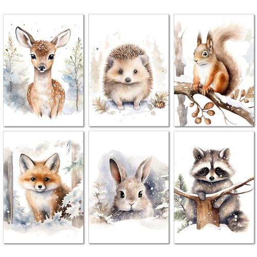 LALELU-Prints | A4 Bilder Kinderzimmer Deko Mädchen Junge | Zauberhafte Winter-Wald-Tiere | Poster Babyzimmer | 6er Set Kinderbilder (DIN A4 ohne Rahmen) von LALELU-Prints