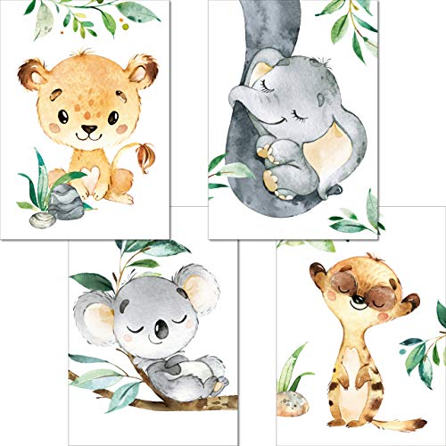 LALELU-Prints Bilder Kinderzimmer Poster Babyzimmer Deko Mädchen Jungen Kinderbilder Set Kinderzimmerbilder (Dschungeltiere A3 4er Set) von LALELU-Prints