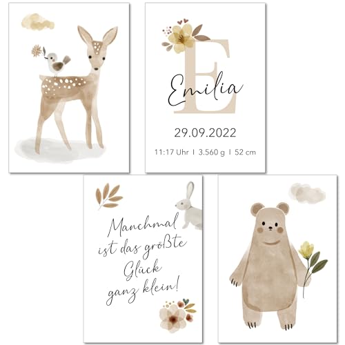 LALELU-Prints Poster Kinderzimmer Bilder I personalisiert mit Name, Geburtsdaten und Spruch I Geschenk Geburt Geburtsposter Mädchen Junge I A4 ohne Rahmen B (P01 Reh Boho) von LALELU-Prints