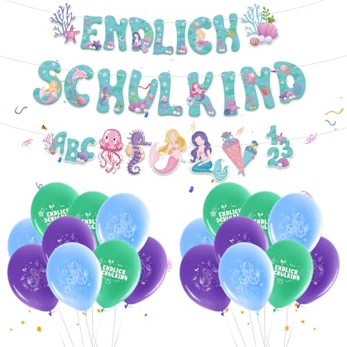 LAMEK 20Tlg Endlich Schulkind Deko Set Meerjungfrau Einschulung Banner mit 18 Schulanfang Latexballon Bunt Schulkind Partysdeko für Junge Mädchen Schultag Schulstart Schuleinführung von LAMEK