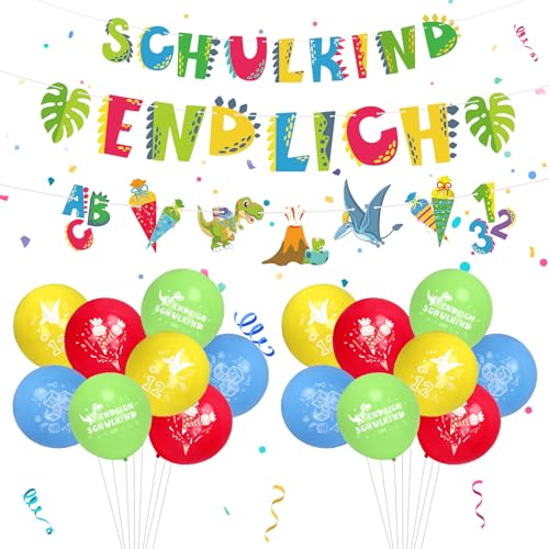 LAMEK 21Tlg Endlich Schulkind Deko Set Dinosaurier Einschulung Banner mit 20 Dino Schulanfang Latexballon Bunt Schulkind Partysdeko für Junge Mädchen Schultag Schulstart Schuleinführung von LAMEK