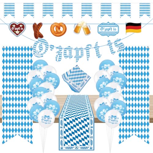 LAMEK 63Tlg Oktoberfest Deko Set Bayrische Banner Dekoration Bayern Deko mit O'zapft is Wimpelkette Oktoberfest Servietten Bavaria Tischläufer Wiesn Banner für Bierzelten München Bier Festival von LAMEK