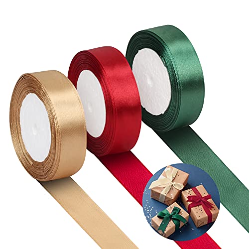 LAMEK 75Yard Satinband Set 3Rollen 20mm Schleifenband Satin Geschenkband Seidenbänder zum Basteln Dekoband für Geschenkverpackung Weinachten Hochzeit Valentinstag Neujahr(Dunkelgrün Burgunder gold) von LAMEK