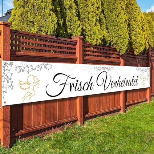 LAMEK Frisch Verheiratet Banner Hochzeit Banner 300x50cm Wedding Hintergrund Extra Lange Hochzeitsdeko Vintage Hochzeitszeremonie Hängende Deko für Paare Brautdusche Hochzeit von LAMEK