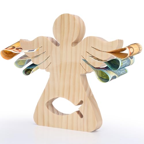 LAMEK Holzengel mit Fisch Holz Schutzengel Geldgeschenk Mädchen Jungen Engel Holzfiguren Glücksengel Figur Gastgeschenk Geschenk für Firmung Taufe Kommunion Konfirmation von LAMEK