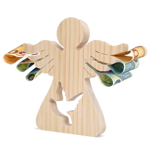 LAMEK Holzengel mit Friedenstaube Holz Schutzengel Geldgeschenk Mädchen Jungen Engel Holzfiguren Glücksengel Figur Gastgeschenk Geschenk für Firmung Taufe Kommunion Konfirmation von LAMEK