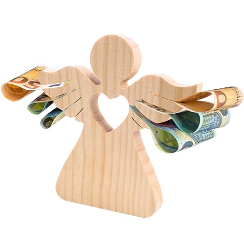 LAMEK Holzengel mit Herz Holz Schutzengel Geldgeschenk Engel Holzfiguren Glücksengel Figur Gastgeschenk Holzdeko Geschenk für Hochzeit Taufe Kommunion Konfirmation Weihnachten von LAMEK