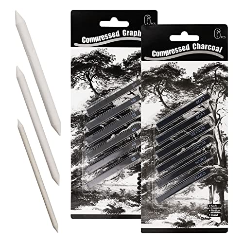 LAMXD 12 Stück Graphit Material Sticks mit 3 Blending Stumps, Square Compressed Charcoal Sticks Zeichenstifte Set für DIY Zeichnen Handwerk, Skizzieren, Schattieren, Anfänger und Künstler von LAMXD