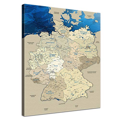 LanaKK – Deutschlandkarte Leinwandbild „Deutschlandkarte Blue Ocean” - deutsch - Kunstdruck-Pinnwand auf Echtholz-Keilrahmen – Globus in blau, einteilig & fertig gerahmt in 100x150cm von LANA KK