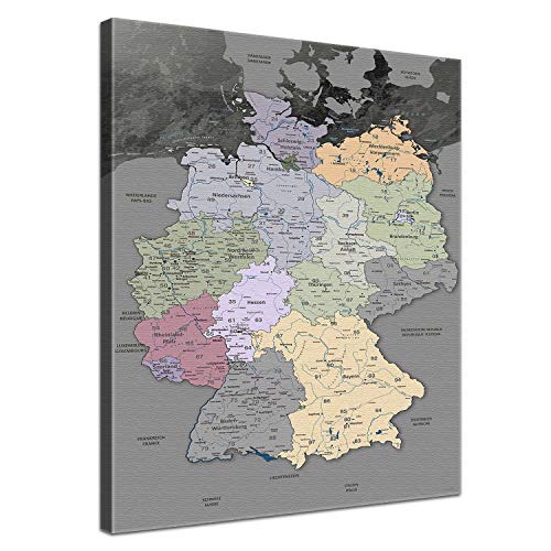 LanaKK – Deutschlandkarte Leinwandbild „Deutschlandkarte Edelgrau” - deutsch - Kunstdruck-Pinnwand auf Echtholz-Keilrahmen – Globus in grau, einteilig & fertig gerahmt in 100x150cm von LANA KK