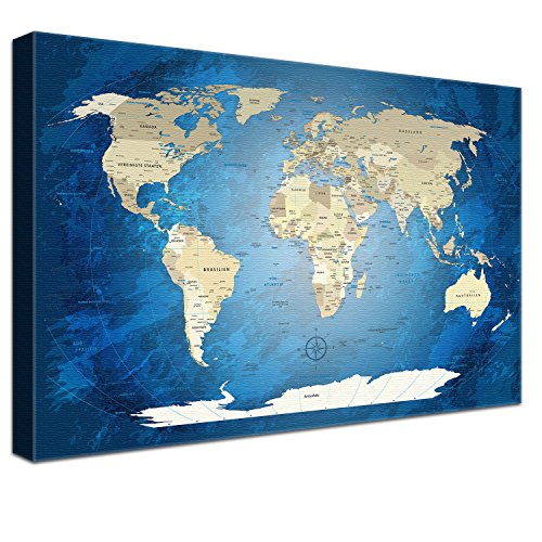 LanaKK – Weltkarte Luxus Ausführung – „World Map Blue Ocean” - deutsch - Kunstdruck-Pinnwand auf 4cm Echtholz-Keilrahmen – Globus in blau, einteilig & fertig gerahmt in 100x70cm von LANA KK