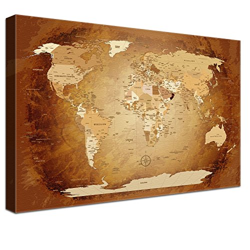 LanaKK – Weltkarte Luxus Ausführung – „Worldmap Braun Colorful” - deutsch - Kunstdruck-Pinnwand auf 4cm Echtholz-Keilrahmen – Globus in braun, einteilig & fertig gerahmt in 100x70cm von LANA KK