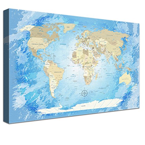 LanaKK – Weltkarte Luxus Ausführung – „Worldmap Frozen” - deutsch - Kunstdruck-Pinnwand auf 4cm Echtholz-Keilrahmen – Globus in blau, einteilig & fertig gerahmt in 120x80cm von LANA KK