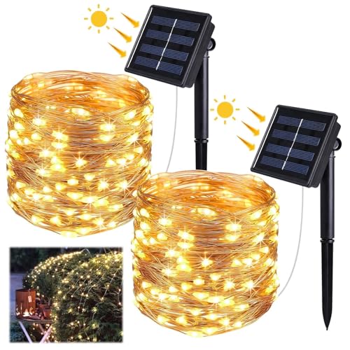 2 Stück Solar Lichterkette Aussen Warmweiß 12m 2×100 LED Lichterkette 8 Lichtmodi, Lichterkette Außen Solar Wasserdicht IP65 für Garten, Balkon, Terrasse, Balkon, Tor, Hof, Hochzeit, Party von LANAFAY