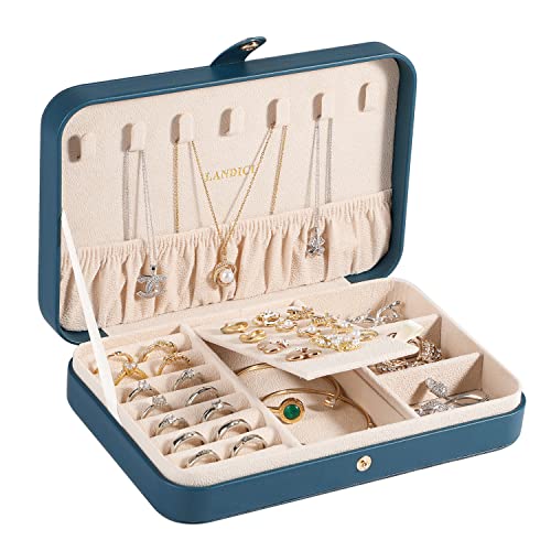 LANDICI Kleine Schmuckschatulle für Frauen und Mädchen, PU-Leder, Reise-Schmuck-Organizer, Schmuck-Aufbewahrungs-Halter, Display für Ring, Ohrringe, Halskette, Armband, Kindergeschenk, blaugrün von LANDICI