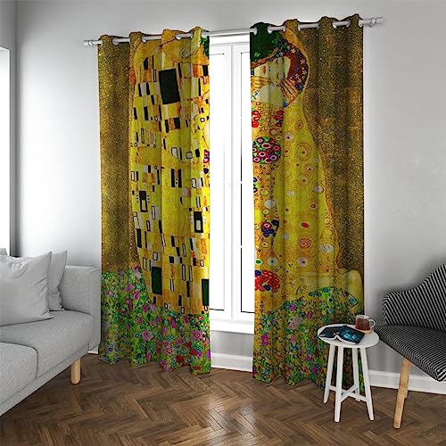 LANDOCROWN Gustav Klimt Vorhänge für Schlafzimmer Der Kuss Vintage Malerei Fenster Vorhänge Thermal Soft Golden Vorhang für Kinderzimmer Wohnzimmer H300 x B140 cm von LANDOCROWN