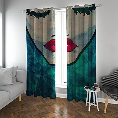 LANDOCROWN Luxus Türkis Verdunkelungsvorhänge 2 Paneele Abstrakte Rote Lippe Schönheit Mädchen Druckt Vorhänge für Frauen Schlafzimmer Öse Top Vorhang 138 x 107 cm von LANDOCROWN