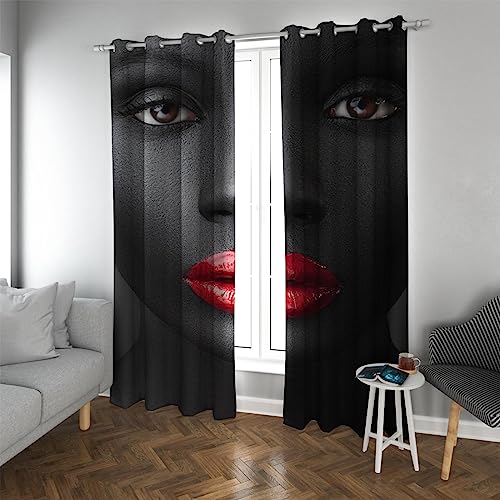 LANDOCROWN Moderne leichte Fenstervorhänge Schwarze Frau Rote Lippen Raum Verdunkelungsvorhang für Mädchen Schlafzimmerdekor Lichtblockierende Vorhänge H 140 x B 200 cm von LANDOCROWN