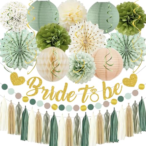 Bride To Be Party Dekorationen, Salbeigrün Baby Brautdusche Banner Girlande Bachelorette Papier Luftschlangen Laternen Blume Pom Poms Fan Supplies von LANGASQUE