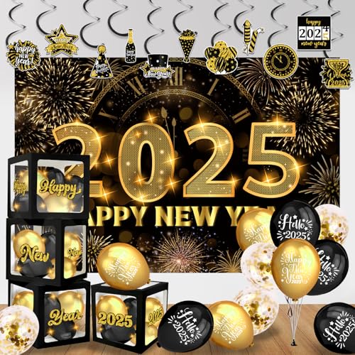 Neujahrsdekorationen 2025, Happy New Year Dekorationen enthalten 2025 Happy New Year Banner Boxen Luftballons, 2025 Neujahr Dekorationen Party Supplies von LANGASQUE