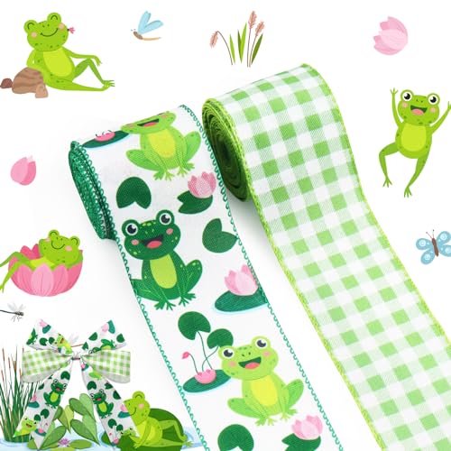 LANGFON 2 Rollen Frühlingsfrosch-Bänder, Leinen, grün, kariert, Frosch, Sommerdekor, Bänder mit Cartoon-Frosch, Drahtbänder für Babyparty, Geburtstag, Party, Geschenkverpackung, Heimdekoration, 6,3 cm von LANGFON