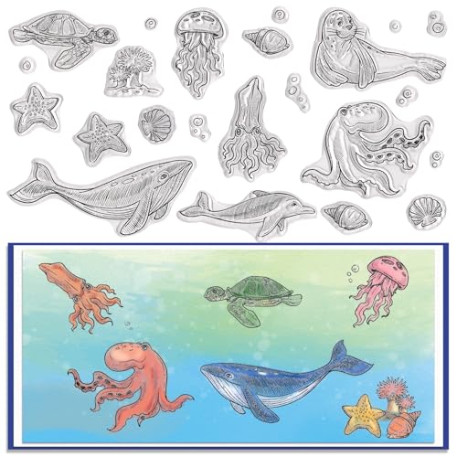 LANGFON Seestern Wal Clear Stamp for Card Making, Marine Life Rubber Stamp Sea Turtle Octopus Qualle Transparent Silicone Seals for Decoupage Gift Card DIY Scrapbooking Album Paper Craft Supplies von LANGFON