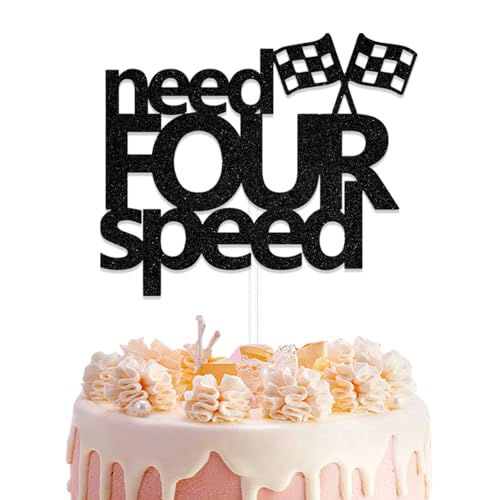 Need Four Speed Cake Topper, Happy 4th Birthday Dekorationen, Racing themed vierten Geburtstag Party Dekoration, Rennwagen Vier Jahre alt Party Supplies Schwarz von LANKBACK