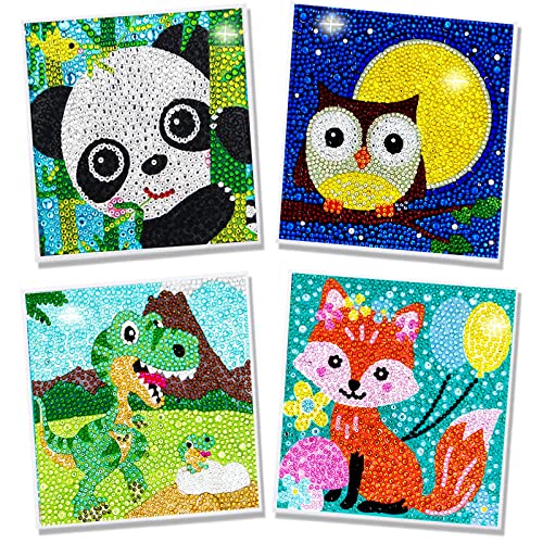 LANMANUO Diamond Painting Kinder 4 Stück, DIY 5D Diamond Painting Bilder Kinder Mädchen Junge Full Drill Set Diamond Dotz Zubehor Anime Diamant Painting Tiere 4er Set 15x15cm von LANMANUO