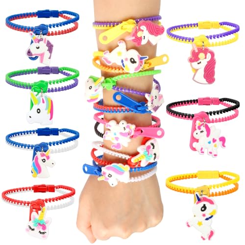 LANMOK 28 Stück Bunte Einhorn Reißverschluss Armbänder Mädchen Einhorn Armbänder Kinder Zip Freundschaftsarmbänder Zappeln mit Einhorn Anhänger für Kinderparty Mitgebsel Mädchen Weihnachten Geschenke von LANMOK