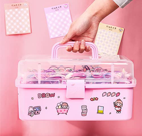 LANPEW Craft Organizer und Aufbewahrungsbox,Aufbewahrungsbox für Kinderhaarschmuck,33 cm,3-lagig,multifunktional,Näh-Organisationsbox mit Griff, Haarspange und niedliche Schmuckschatulle rosa von LANPEW