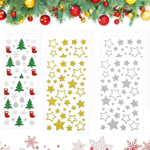 LANSKYLAN 12 Bogen Weihnachts Sticker Weihnachtssticker Glitzer Sticker Sterne 444 Aufkleber Sterne Glitzer Silber Gold Kinder Weihnachtsaufkleber Sterne Selbstklebend zum Basteln für Weihnachten Deko von LANSKYLAN