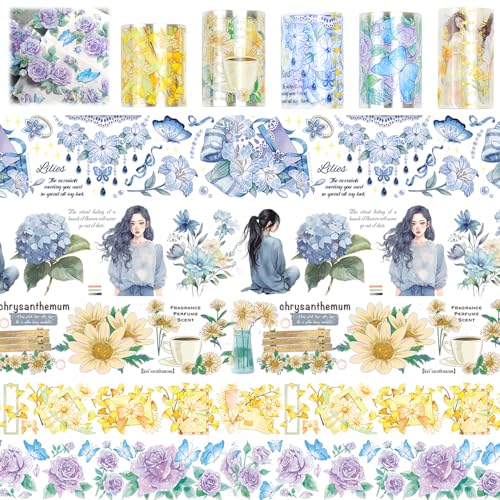 LANSKYLAN 5 Rolls Washi Tape set Aesthetic, Wide Washi Tape PET 5/6/7cm x 2m Multi-Muster Dekoratives Klebeband zum Basteln Blumen Washi Tapes set Girls Washi Tape für Scrapbooking Bullet Journals von LANSKYLAN