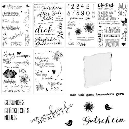 LANSKYLAN 6 Blätter Silikonstempel Sprüche Deutsch Set Geburtstag Stempel Silikon stempelset mit Acrylblock Stempel Sprüche Deutsch Glückwunsch Clear Stamp für DIY Bullet Journal Scrapbooking 11x16 cm von LANSKYLAN