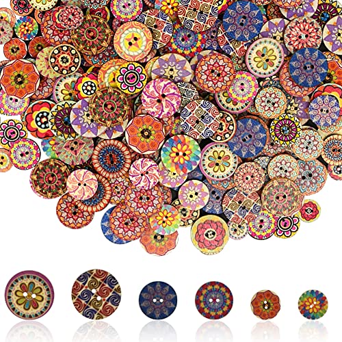 LANSKYLAN 300 Stück Holzknöpfe Bunte Knöpfe Holz Retro Knöpfe Kleidung 15/20/25MM 3 Größen Knöpfe Gemischte Rund Blumen Puppenknöpfe Buttons Bunt Geometrische Basteln Buttons zum Basteln Nähen von LANSKYLAN