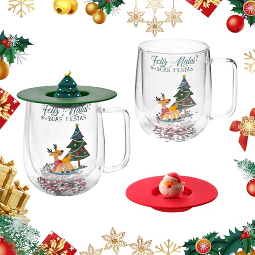 LANSKYLAN Weihnachtstasse Glas Weihnachtstassen 2er set Doppelwandige Lsolierglas Tasse Weihnachten set 250ML süße Tassen Weihnachten Espressotassen Weihnachtsgläser mit Deckel Geschenke für frauen von LANSKYLAN