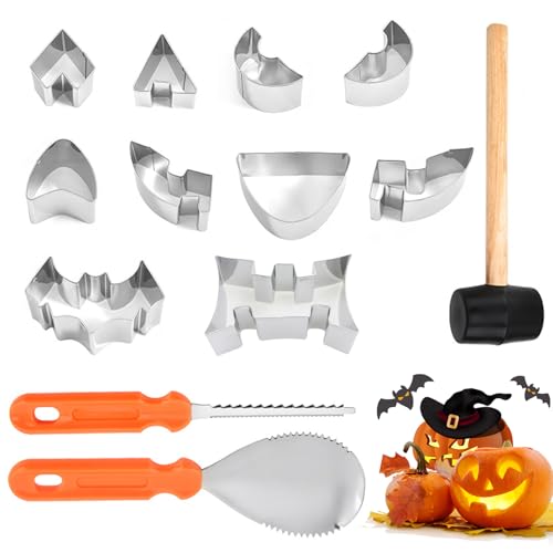 LANZLC Halloween Kürbis Schnitzset, 13 Stück Schnitzwerkzeug Kürbis, Kürbisschnitzwerkzeuge mit Vorlagen und Hammer, Edelstahl Schnitzen Kürbis Carving Schablonen für Kinder DIY Halloween Dekoration von LANZLC